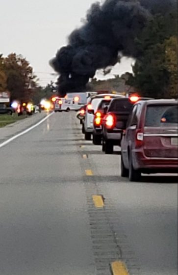 The crash caused a fire and closed traffic on the road until well into the afternoon.